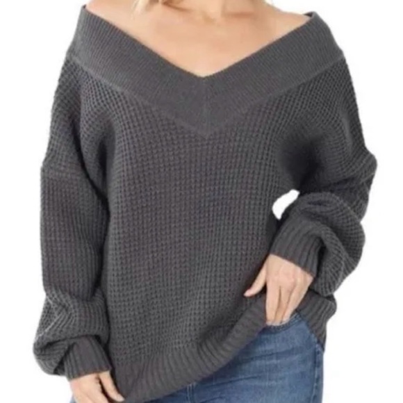 Zenana Outfitters Sweaters - Zenana Outfitters Charcoal Off-Shoulder Sweater